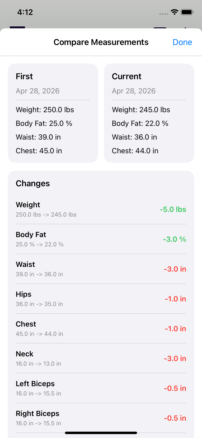 PumpPal compare measurements screen