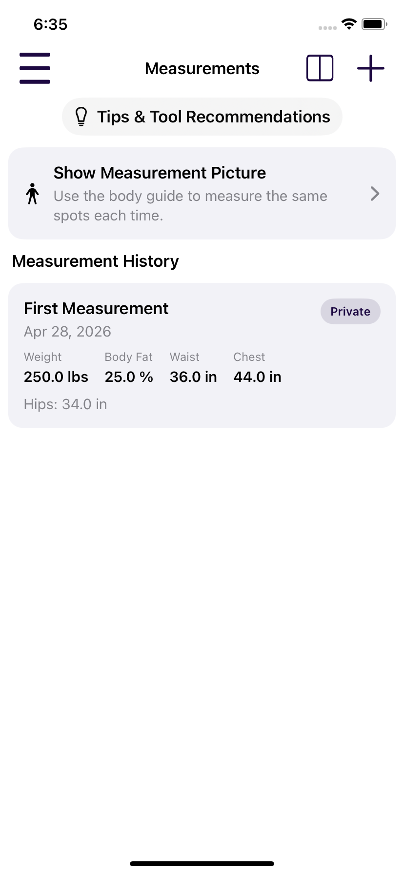 PumpPal measurement history screen
