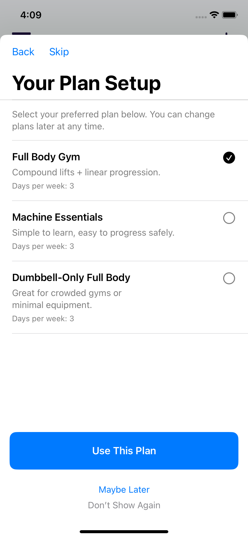 PumpPal plan selection screen