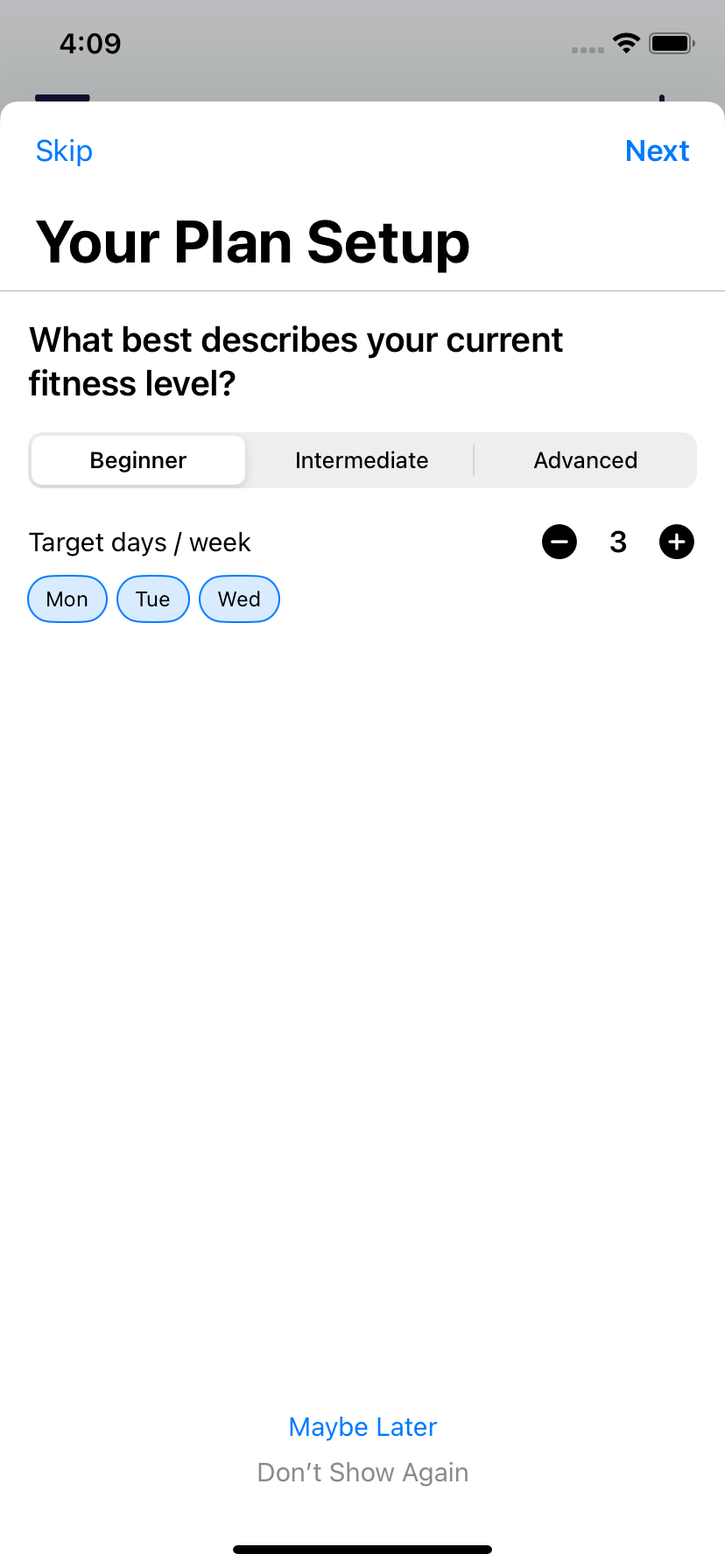 PumpPal plan setup fitness level screen