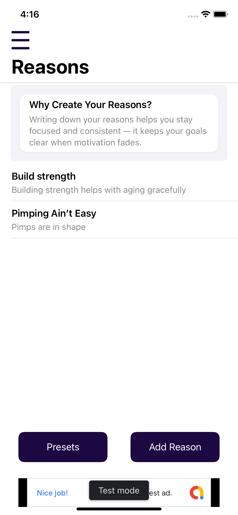 PumpPal reasons list screen