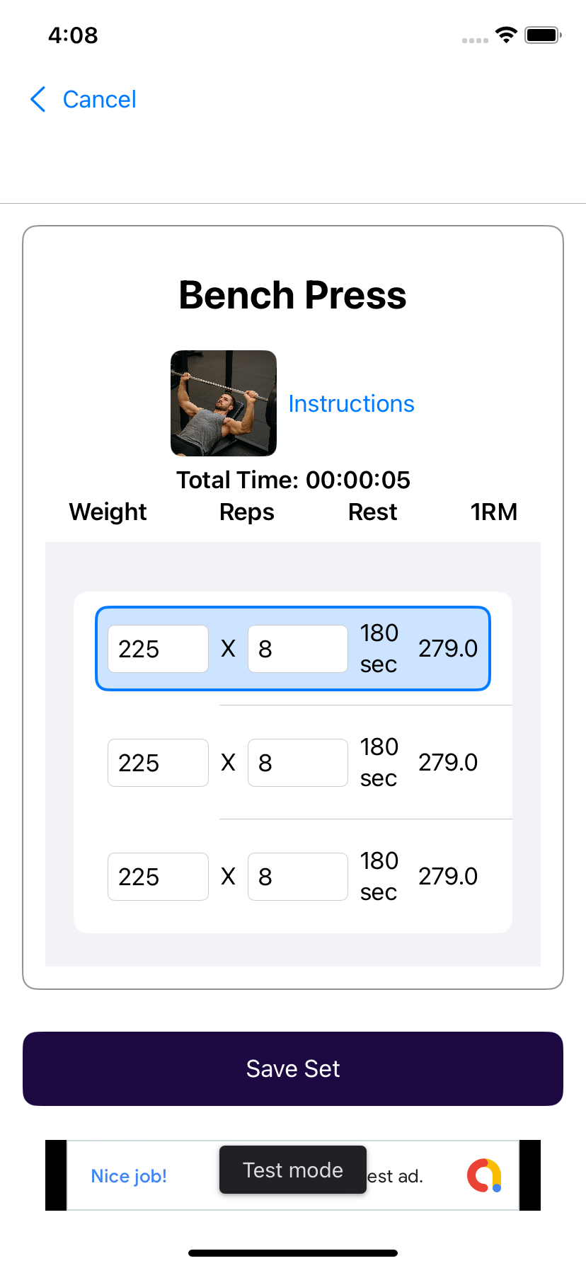 PumpPal workout tracking set entry screen