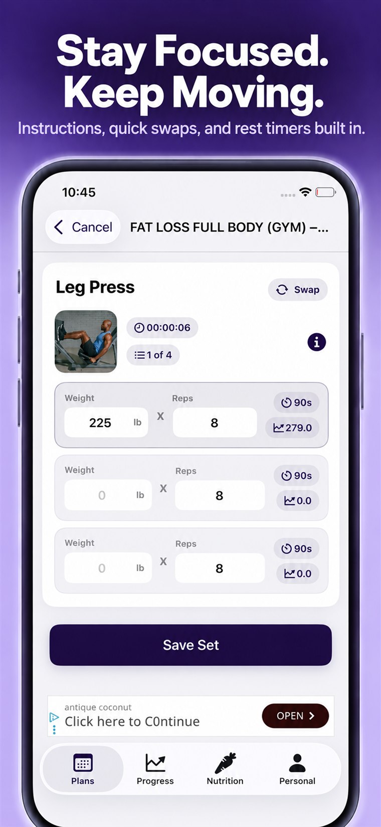 Workout logging with instructions, swaps, and rest timer